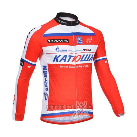 2013 Fahrradbekleidung Katusha Wei und Rot Trikot Langarm und Tragerhose